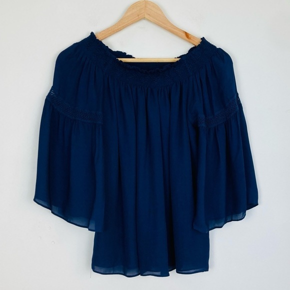 Anthropologie Love Sam silk navy blue off the shoulder chiffon lined boho top. S - Picture 7 of 9
